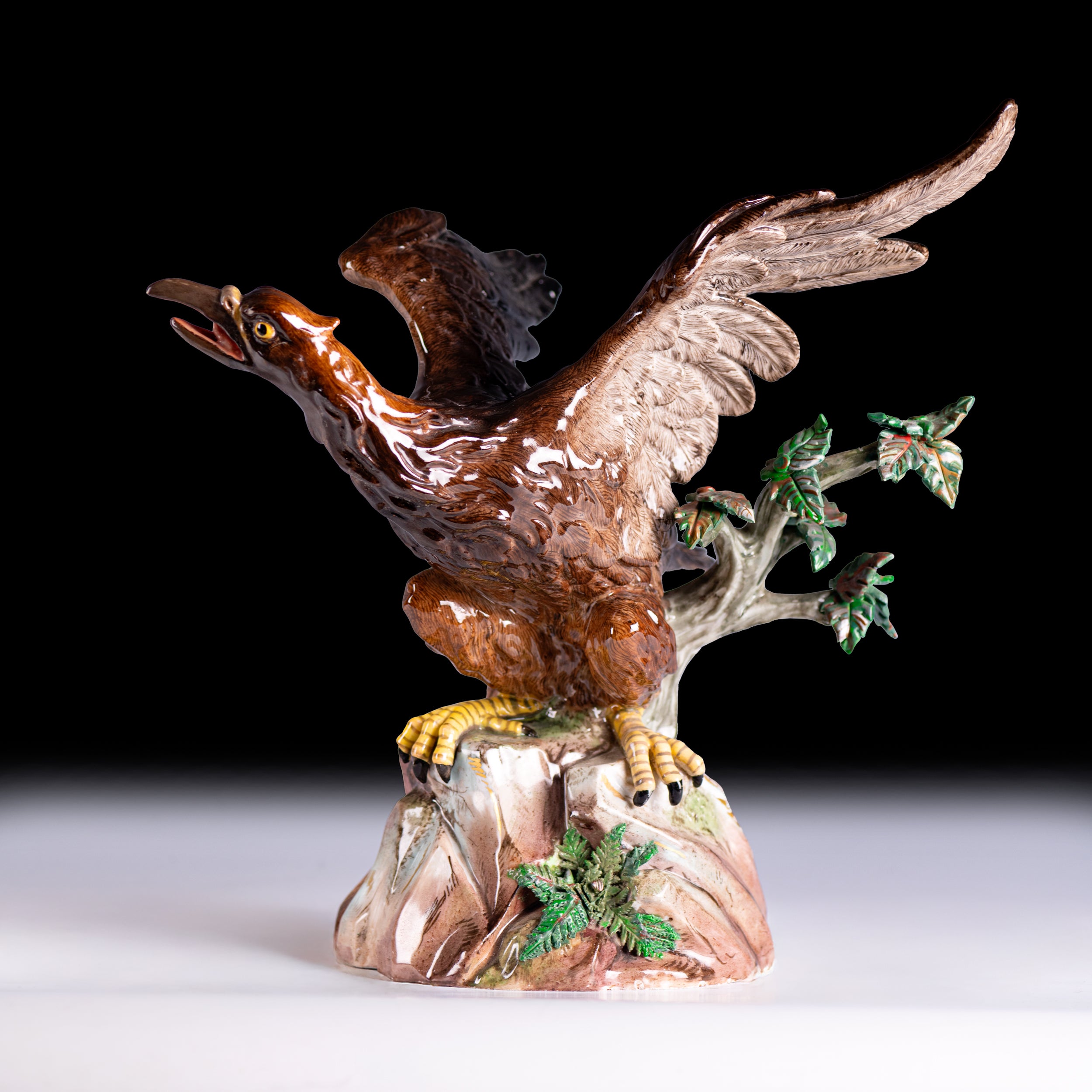 19TH CENTURY MEISSEN PAINTED PORCELAIN MODEL OF AN EAGLE ON A ROCK - REF No. B1014