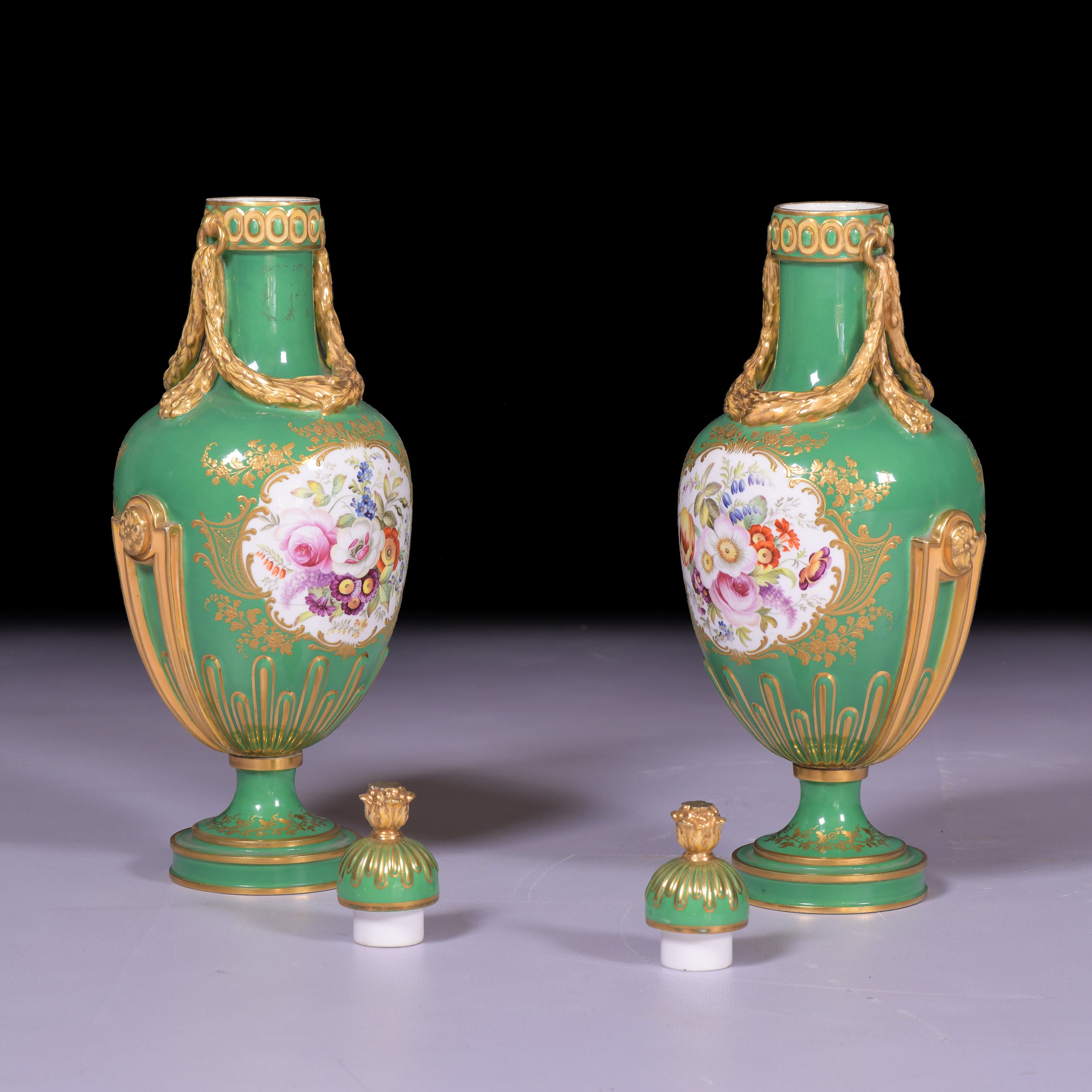 A FINE PAIR OF COALPOT VASES & COVERS - REF No. 183