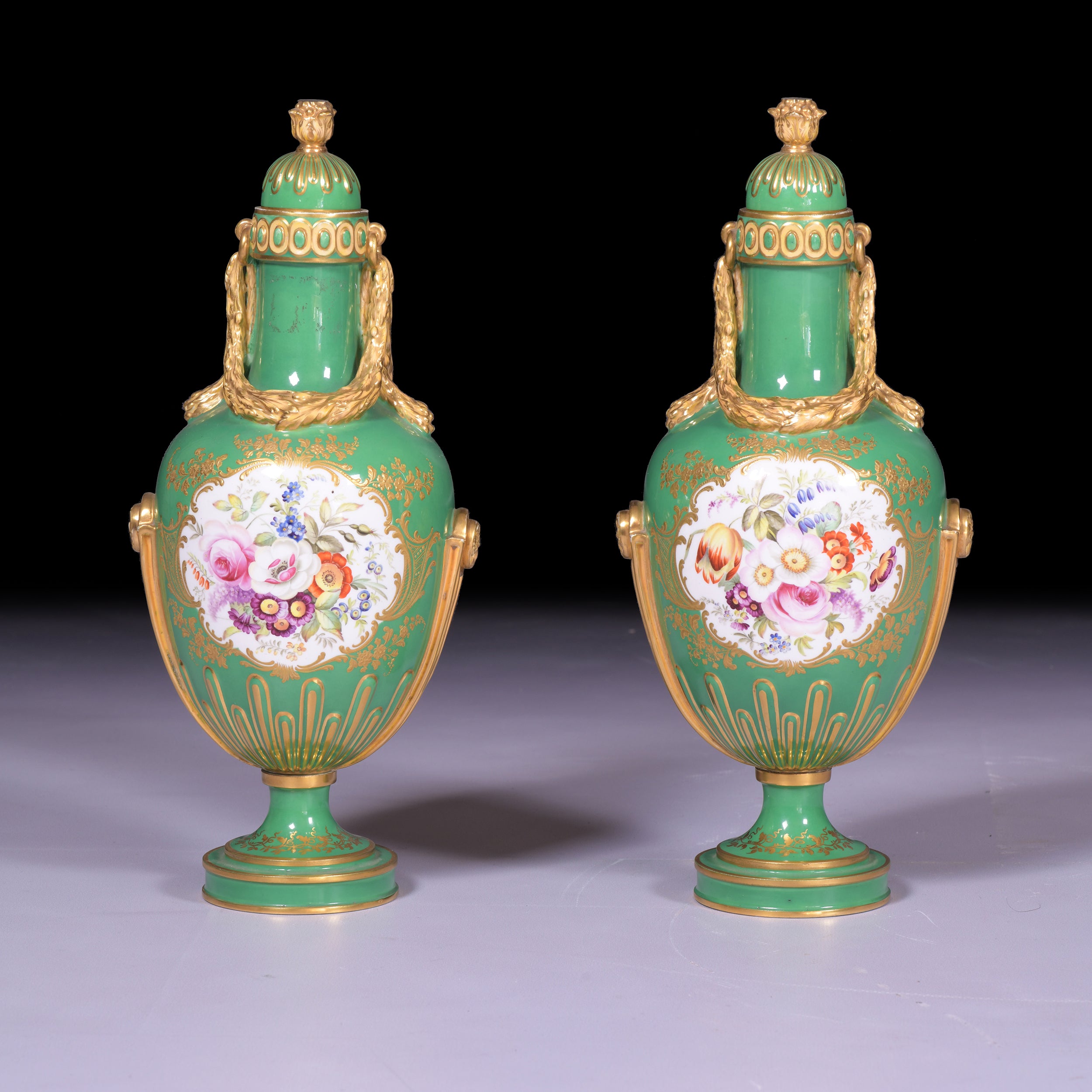 A FINE PAIR OF COALPOT VASES & COVERS - REF No. 183