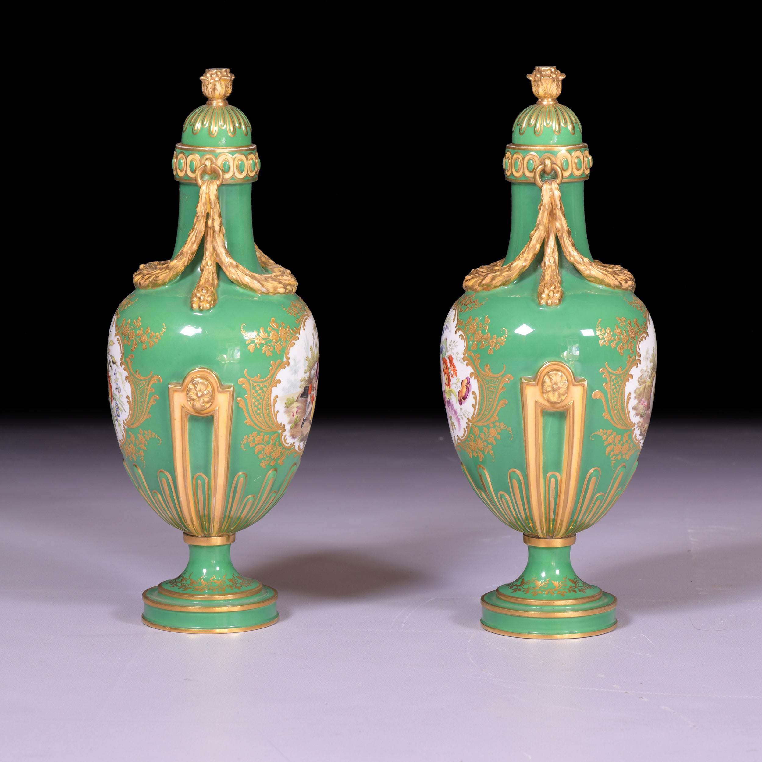 A FINE PAIR OF COALPOT VASES & COVERS - REF No. 183