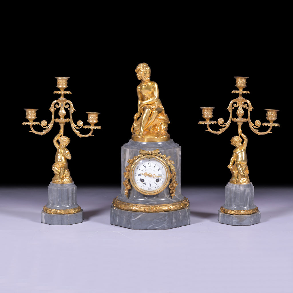 FRENCH CLOCK GARNITURE BY PROSPER ROUSSEL OF PARIS - REF No. 104 FRENCH CLOCK GARNITURE BY PROSPER ROUSSEL OF PARIS - REF No. 104