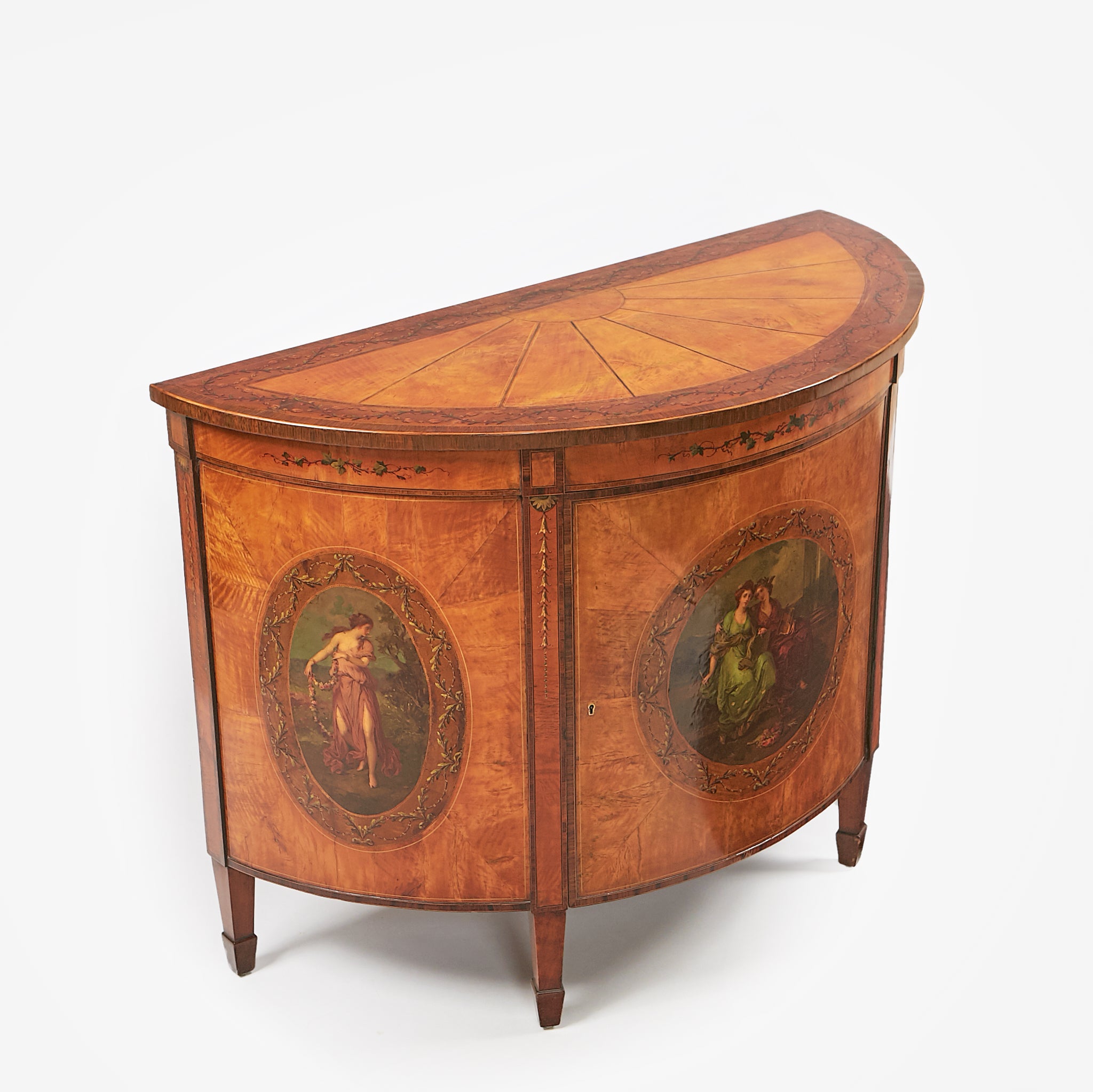 A MAGNIFICENT SATINWOOD PAINTED DEMI-LUNE SIDE CABINET - REF No. 4036